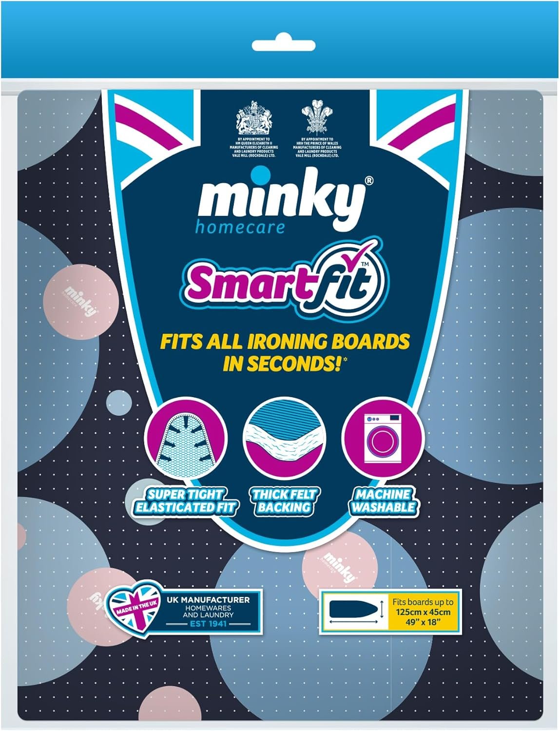 Minky Smart Fit Ironing Board Cover - Large (125 x 45 cm) - Super Tight Elasticated Fit, Thick Felt Backing, Machine Washable