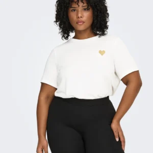 Women's Crewneck T-Shirt with Gold Glitter Heart Detail - White