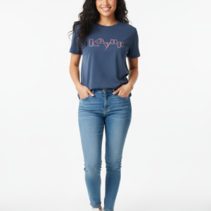 Women's Navy Blue Graphic T-Shirt with Pink Geometric Print | Casual Tee