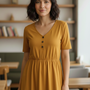 Women's Mustard Yellow V-Neck Short-Sleeve Midi Dress