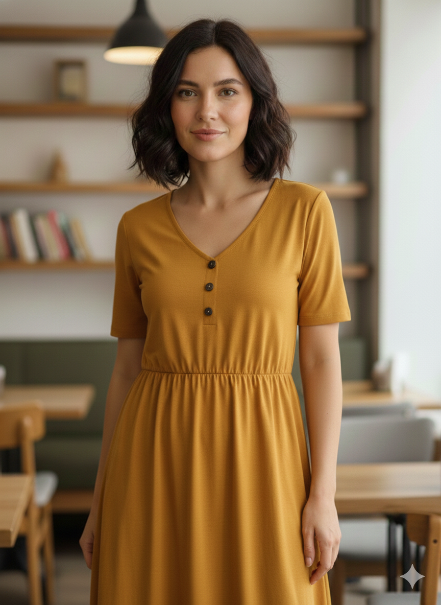 Women's Mustard Yellow V-Neck Short-Sleeve Midi Dress