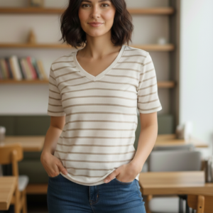 Women's V-Neck Ribbed T-Shirt in Neutral Stripes
