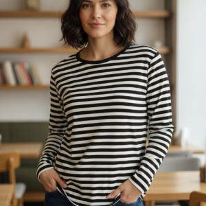 Women's Classic Black and White Horizontal Stripe Long-Sleeve Crew Neck Top