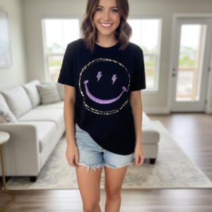Women's Oversized Graphic Smiley Face T-Shirt - Black Tee
