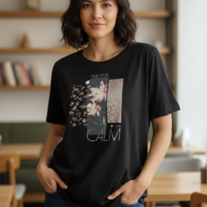 Women's Black T-Shirt with 'Time for Calm' Mixed Media Graphic