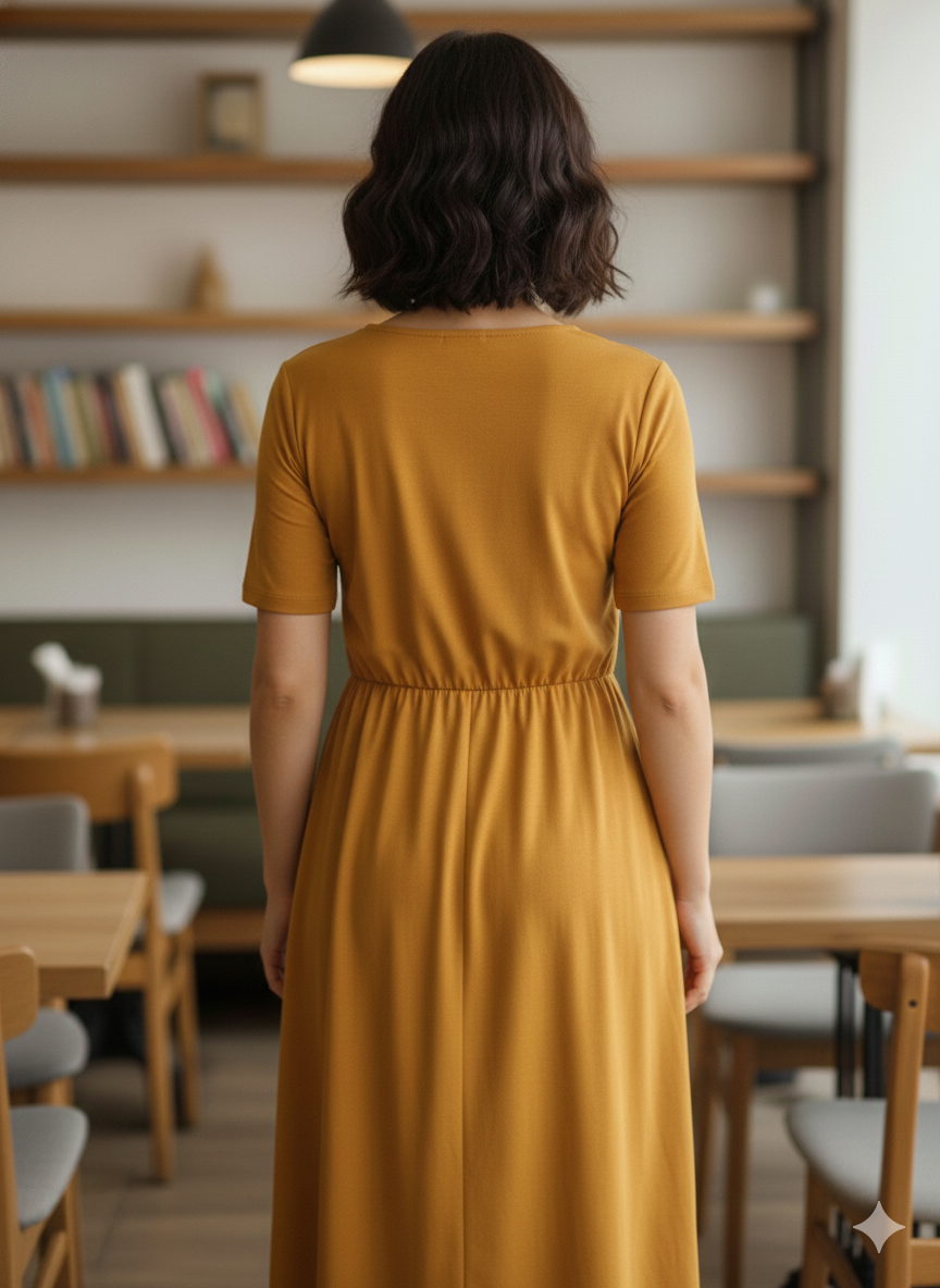Women's Mustard Yellow V-Neck Short-Sleeve Midi Dress