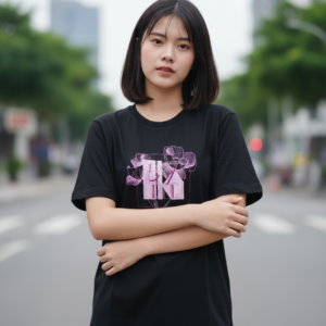 Women's Black Oversized T-Shirt with Pink Floral House Graphic