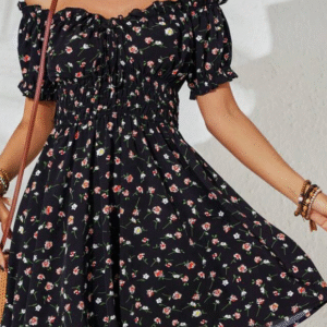Black Off-Shoulder Shirred Floral Print Mini Dress