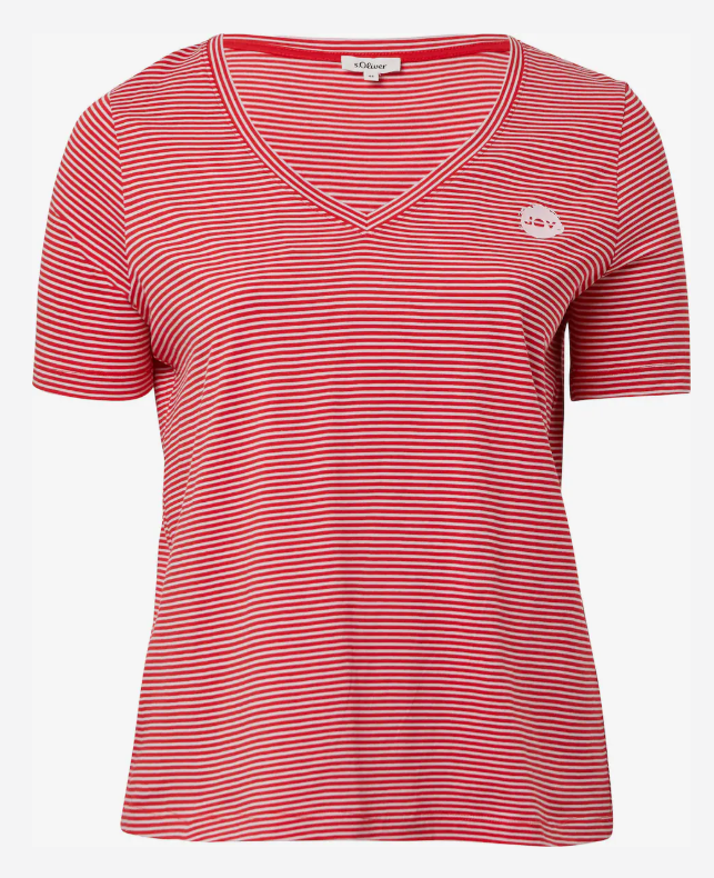 s.Oliver Women's Red & White Striped V-Neck T-Shirt