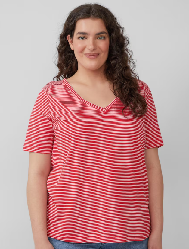 s.Oliver Women's Red & White Striped V-Neck T-Shirt