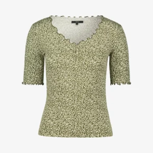 ZERO Women's Green Printed V-Neck Rib Knit Top with Scalloped Edges (Size 42)