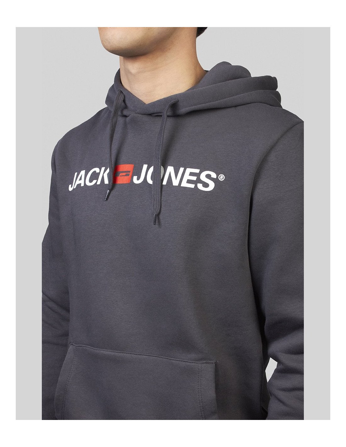 JACK & JONES Logo Print Pullover Hoodie for Men - Grey/Charcoal
