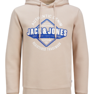 Jack & Jones JJE Logo Sweat Hood - Men's Beige Hoodie with Blue and White Print