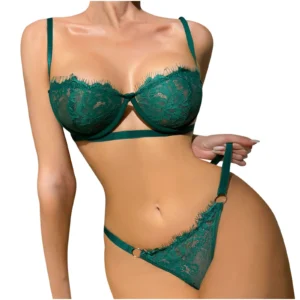 Emerald Eyelash Lace Lingerie Set with Cut-Out Underwire Bra and Strappy G-String