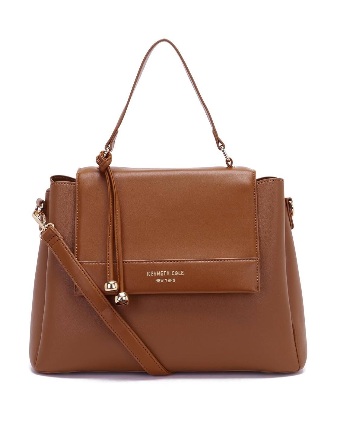 Kenneth Cole New York Brown Vegan Leather Flap Satchel – Elegant Crossbody Handbag with Tassel Detail