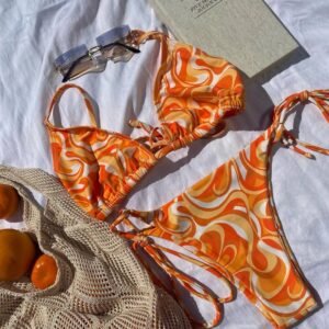 Retro Swirl Triangle Bikini Set – Sunset Orange & Cream Two-Piece Swimsuit