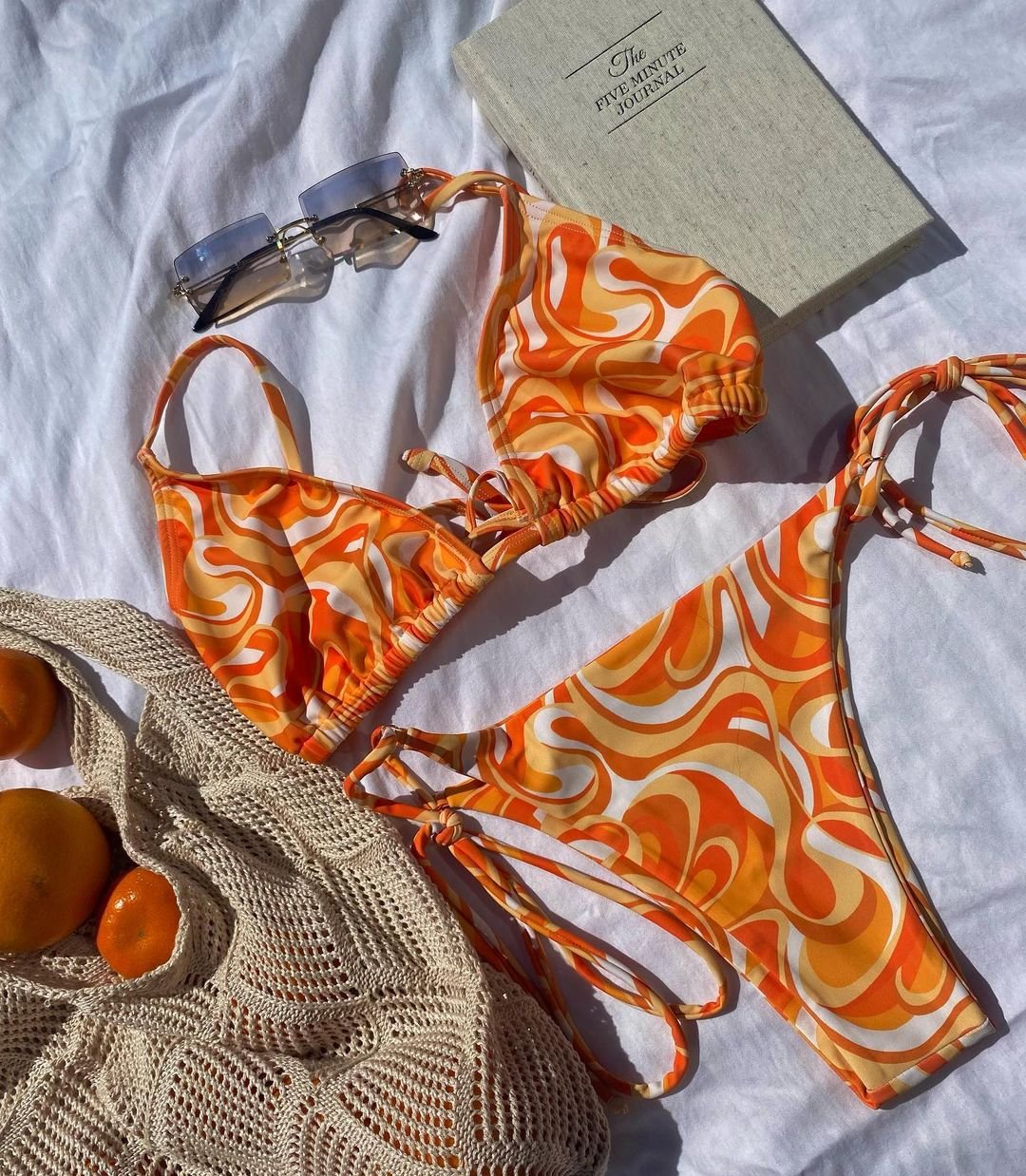Retro Swirl Triangle Bikini Set – Sunset Orange & Cream Two-Piece Swimsuit