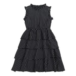 Girls' Sleeveless Polka Dot Tiered Party Dress – Black & White Ruffle Trim Sundress