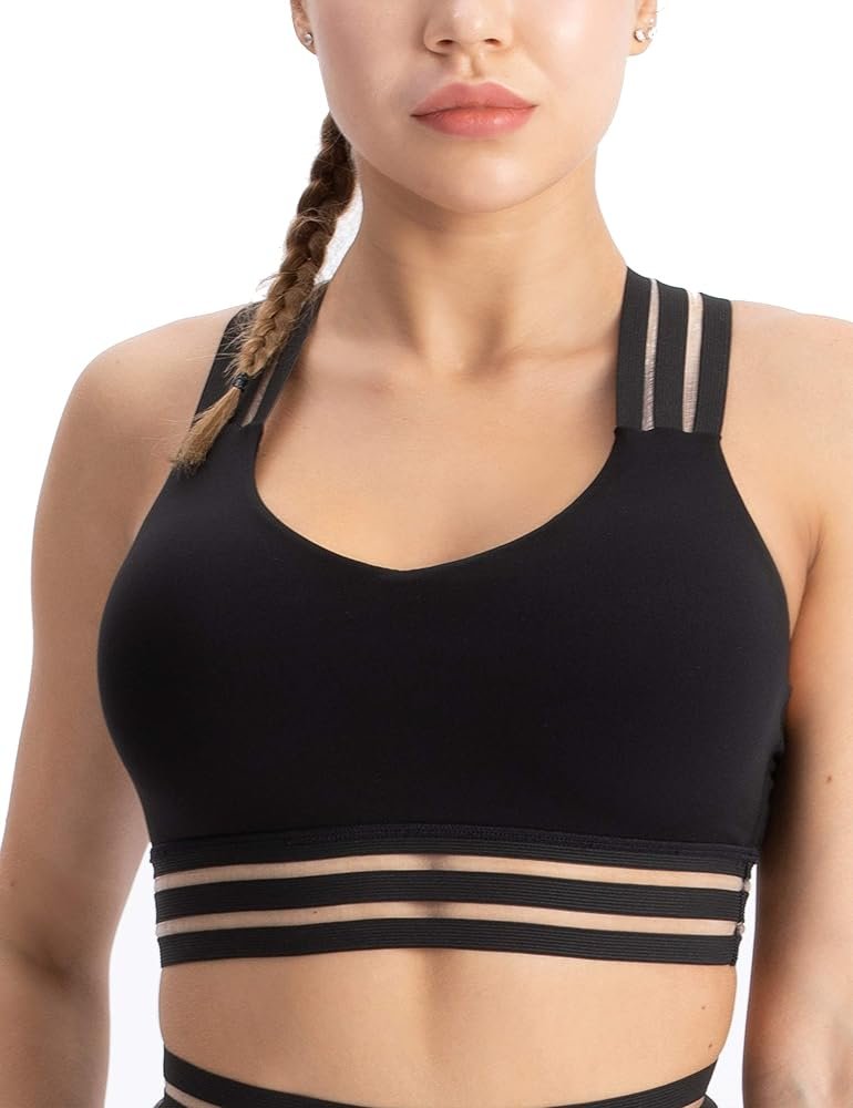 Women's High-Impact Strappy Sports Bra - Black with Reflective Stripe Detail