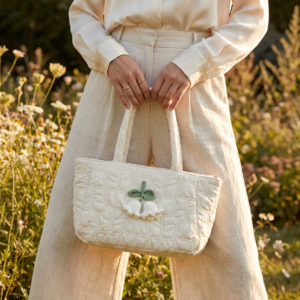 LEDiN Cream Quilted Tote Bag with Floral Detail – Soft Padded Shoulder Handbag for Women