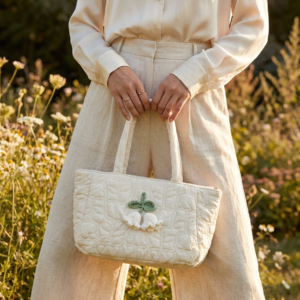 LEDiN Cream Quilted Tote Bag with Floral Detail – Soft Padded Shoulder Handbag for Women