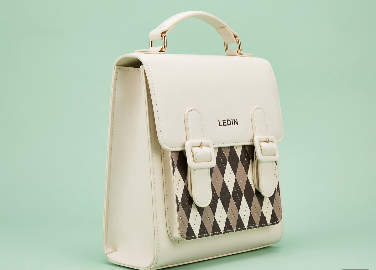 LEDiN Argyle Pattern Mini Backpack – Cream PU Leather Fashion Bag for Women