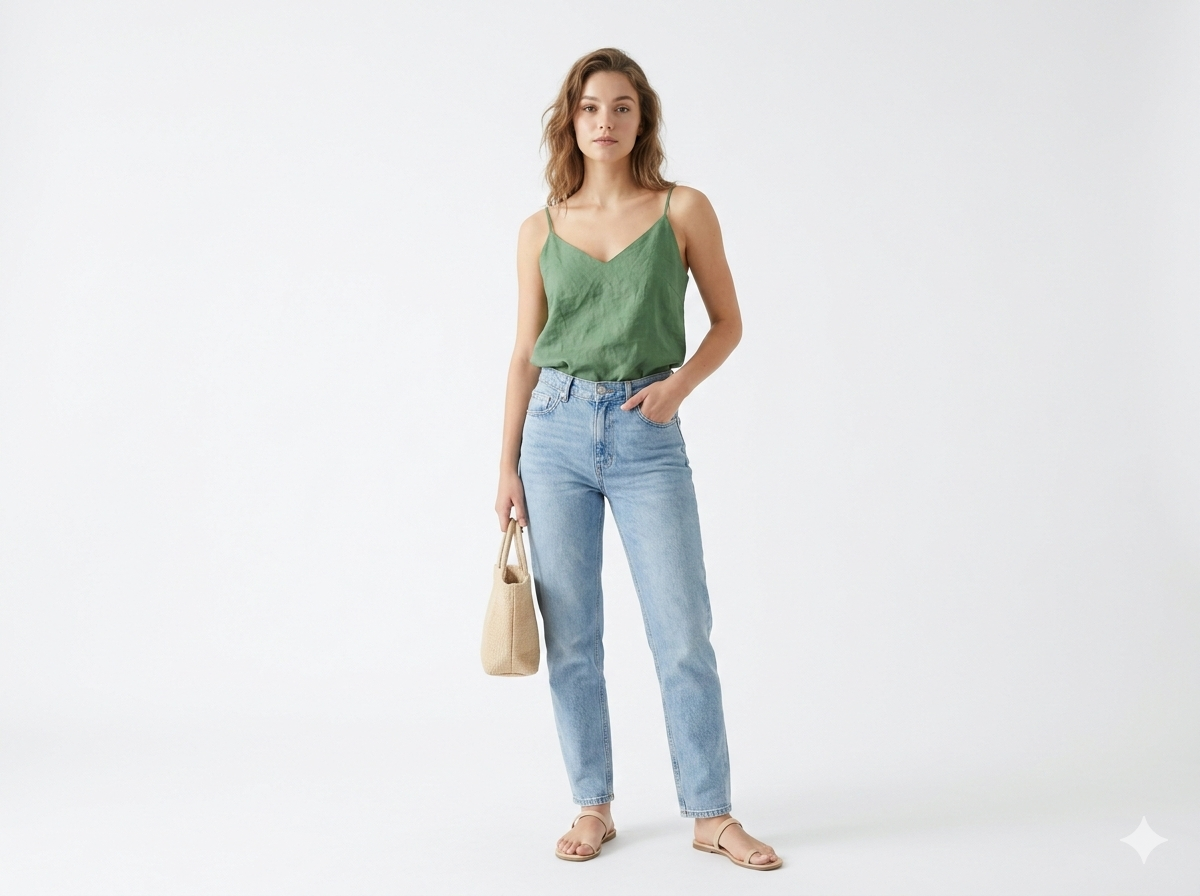 Effortless Summer Essentials Set – Sage Green Linen Cami & High-Waisted Straight Leg Jeans