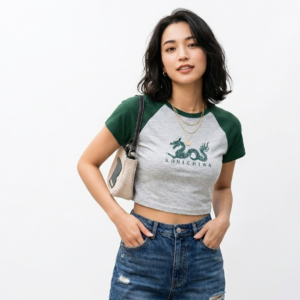 Women's Dragon Graphic Crop Top – Green & Grey Raglan Sleeve Baby Tee