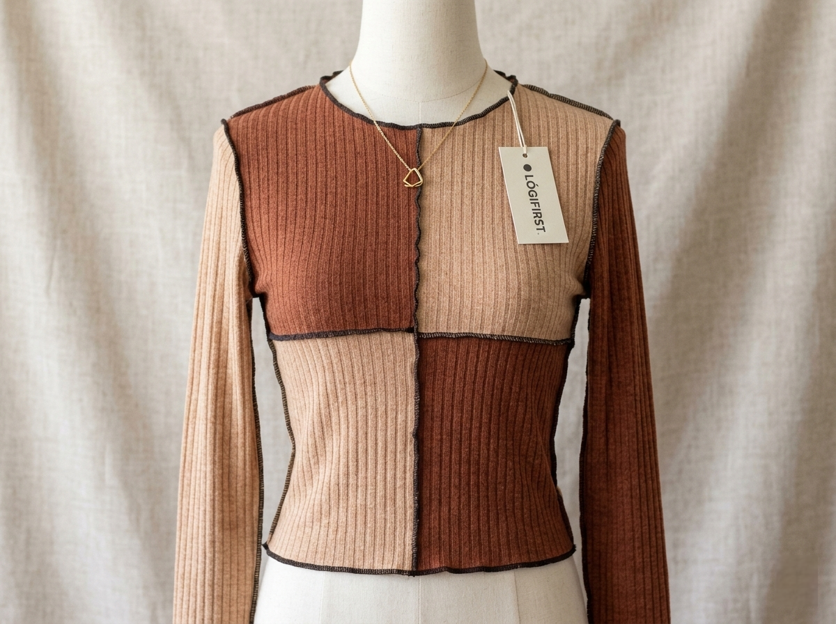 Women’s Patchwork Long Sleeve Crop Top – Rib-Knit Lettuce Trim Tee