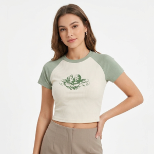 Vintage-Inspired Cherub Graphic Sage Green & Cream Ribbed Raglan Crop Top