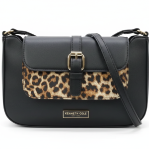Kenneth Cole New York Leopard Print Crossbody Bag – Sleek Black Leather & Animal Print Handbag