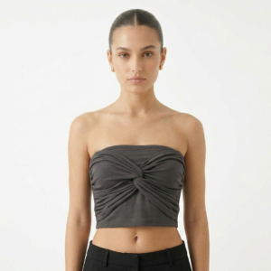 Charcoal Grey Twist-Front Bandeau Crop Top – Ruched Strapless Tube Top