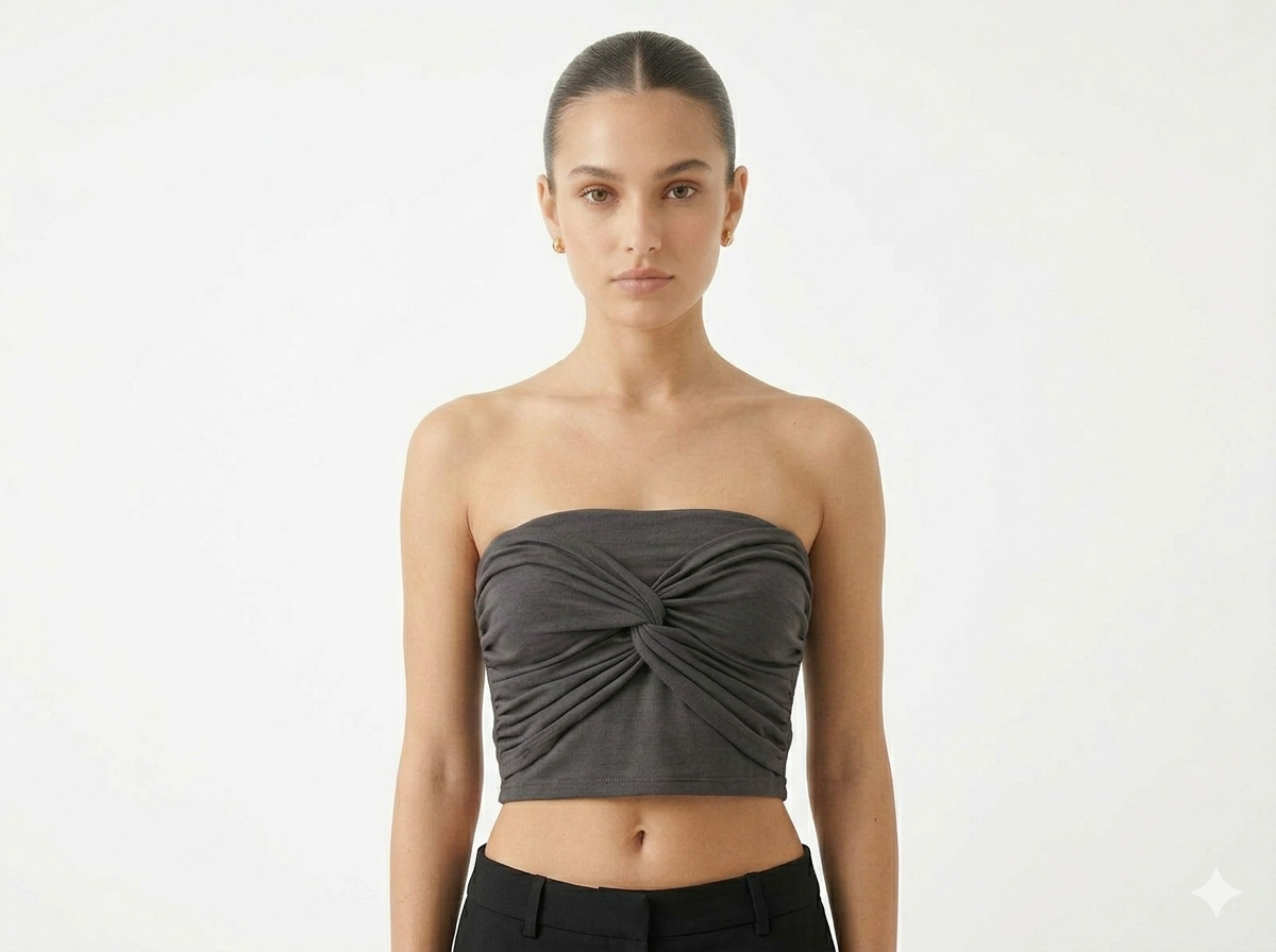 Charcoal Grey Twist-Front Bandeau Crop Top – Ruched Strapless Tube Top