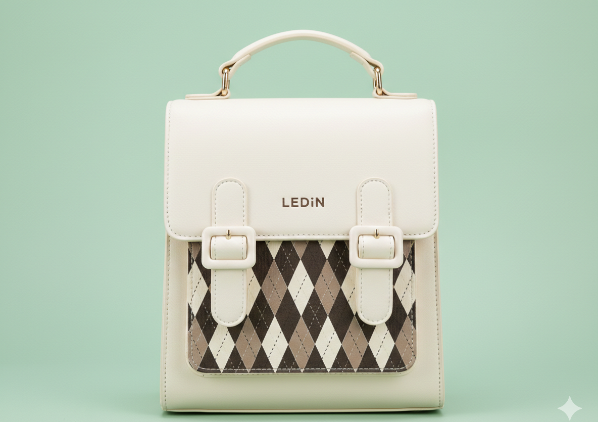 LEDiN Argyle Pattern Mini Backpack – Cream PU Leather Fashion Bag for Women