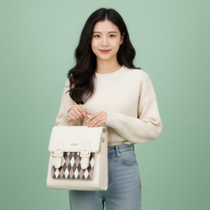 LEDiN Argyle Pattern Mini Backpack – Cream PU Leather Fashion Bag for Women