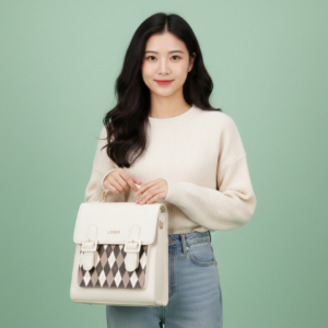 LEDiN Argyle Pattern Mini Backpack – Cream PU Leather Fashion Bag for Women