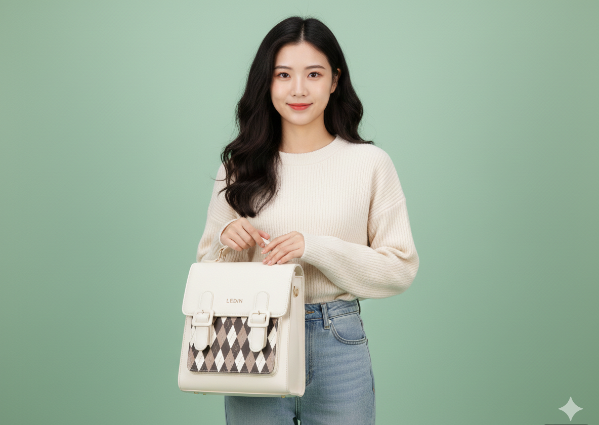 LEDiN Argyle Pattern Mini Backpack – Cream PU Leather Fashion Bag for Women