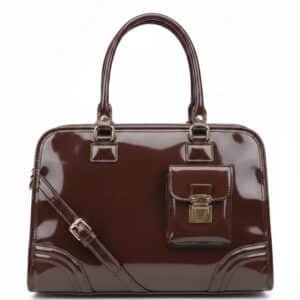 Vintage-Style Brown Patent Leather Satchel – Structured Top-Handle Doctor Bag with Gold Hardware