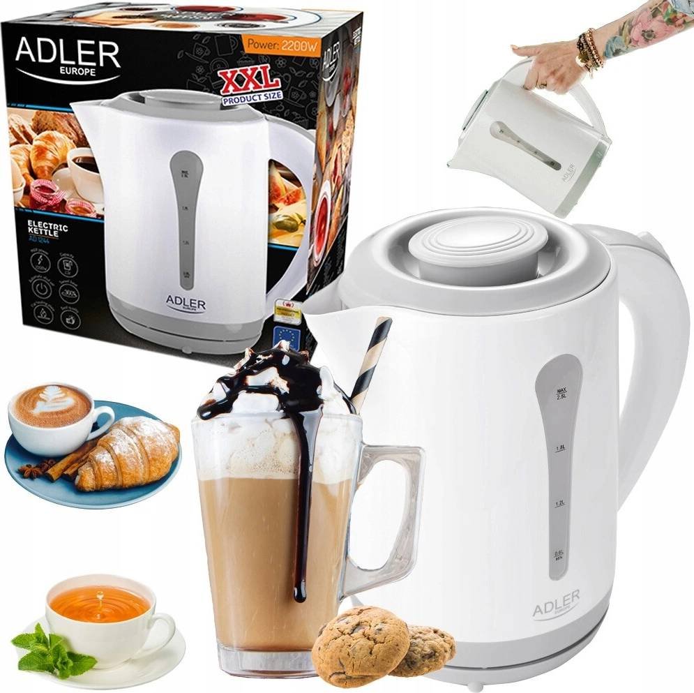 Adler Europe AD 1244 Electric Kettle – 2.5L XXL Capacity, 2200W High Power – White/Grey