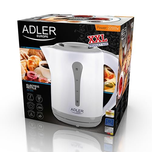 Adler Europe AD 1244 Electric Kettle – 2.5L XXL Capacity, 2200W High Power – White/Grey