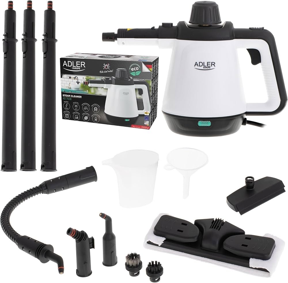 Adler AD 7038 Multi-Purpose Handheld Steam Cleaner - 2000W High-Pressure Steamer with 13 Accessories, Chemical-Free Sanitizing for Tiles, Windows, Upholstery & Car Interiors - White/Black