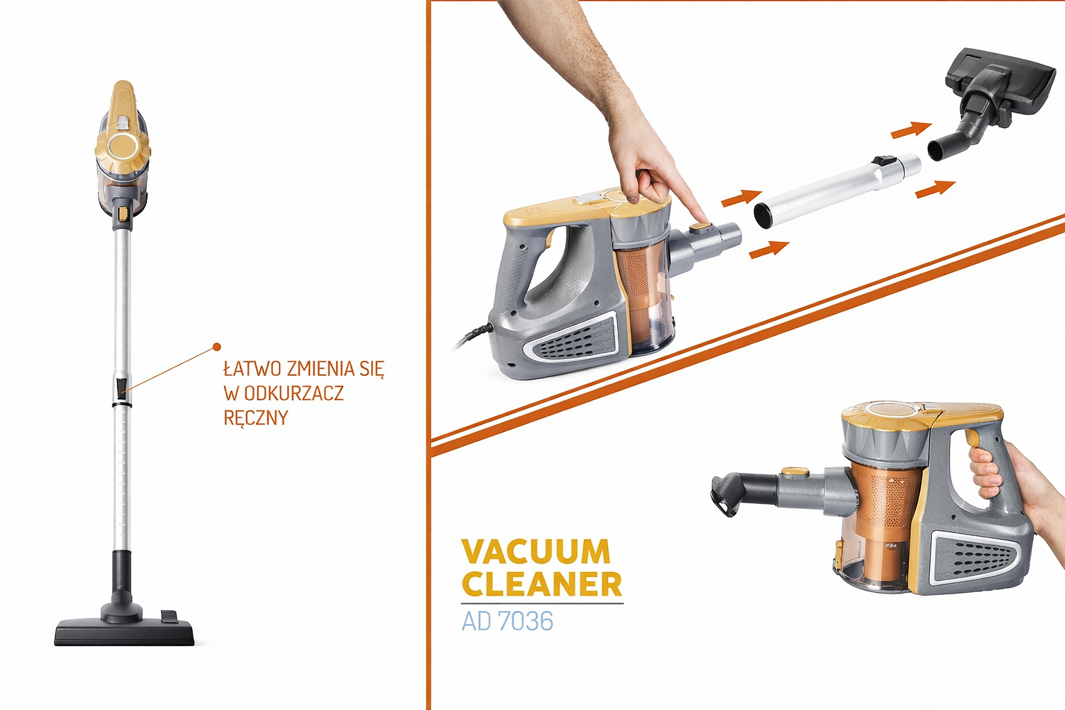 Adler AD 7036 Handheld Bagless Vacuum Cleaner – 2-in-1 Upright & Handheld, 800W, 7m Range