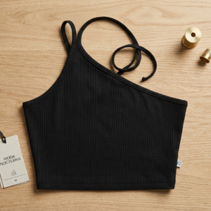 Black Asymmetrical One-Shoulder Ribbed Crop Top – Minimalist Slim-Fit Knit Tank