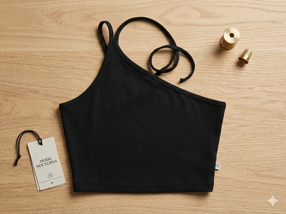 Black Asymmetrical One-Shoulder Ribbed Crop Top – Minimalist Slim-Fit Knit Tank