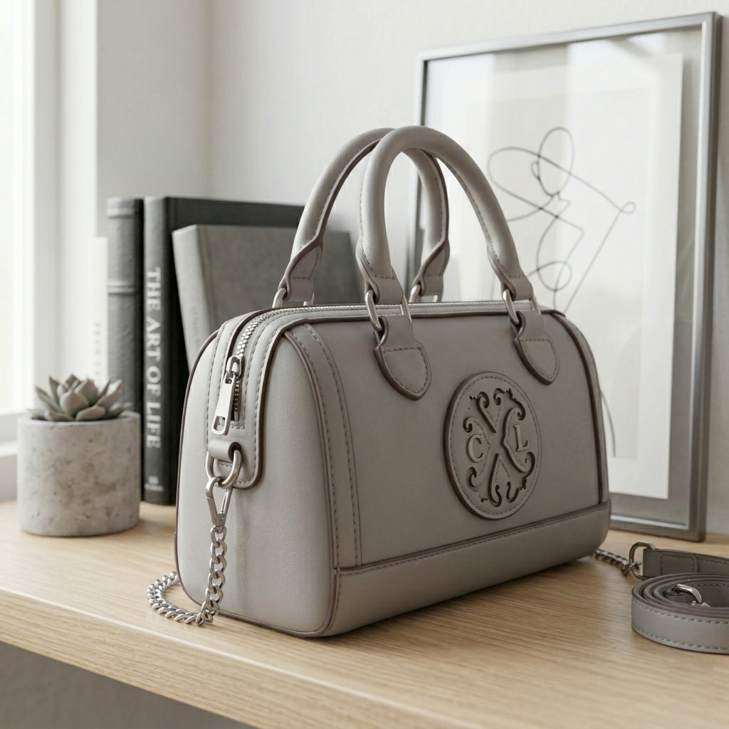 CXL by Christian Lacroix Taupe Faux Leather Barrel Satchel with Embossed Logo