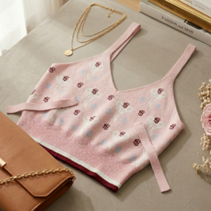 Vintage-Inspired Pink Knit Crop Cami – Monogram Intarsia Bow Tank Top