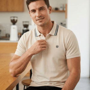 Men’s Slim-Fit Pique Polo Shirt with Striped Tipping – Sand Beige