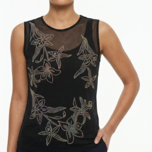 SHEIN Black Sheer Embroidered Sleeveless Top – Elegant Women’s Party Blouse