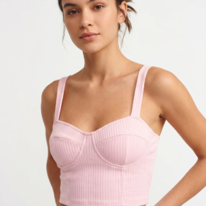 Women’s Ribbed Bustier Crop Top with Fixed Straps – Pastel Pink