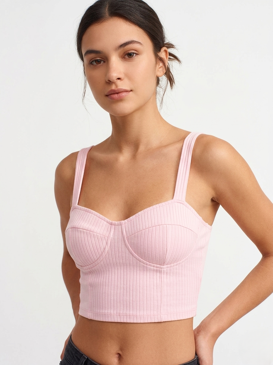 Women’s Ribbed Bustier Crop Top with Fixed Straps – Pastel Pink
